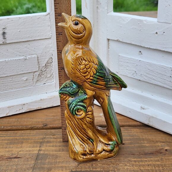 Vintage MCM Gold Finch Bird Figurine Beautiful Blue Green & Gold Glaze 11" Japan - Picture 9 of 12